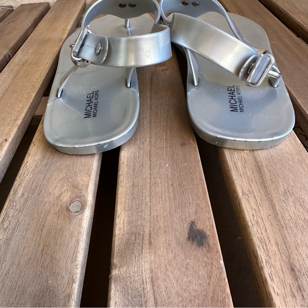 Michael Kors Silver MK Logo Jelly Ankle Strap Sandals - Picture 4 of 7